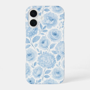 Blaue Wasserfarben-Blumenmuster iPhone 16 Hülle