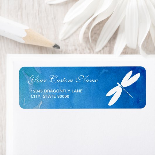 Blaue Wasserfarben-Dragonfly-Rücksendeadressen-Auf (Insitu)