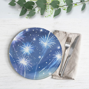 Blaue Wasserfarben-Feuerwerke   Silvesterparty Pappteller