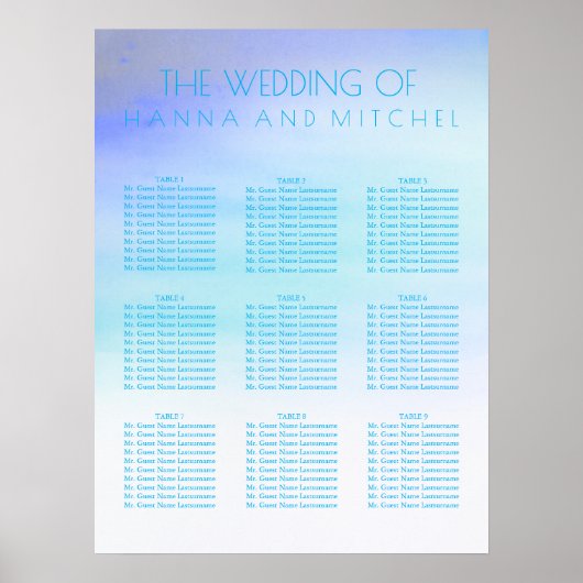 Blaue Wasserfarben Hochzeitskarte Poster (Vorne)