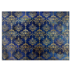 Blaue Wasserfarben-Muster mit goldenem Damast Schneidebrett