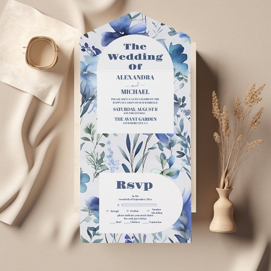 Blaue Wasserfarben-Periwinkle-Wildblumen Hochzeit All In One Einladung