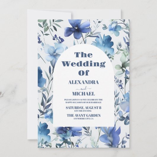 Blaue Wasserfarben-Periwinkle-Wildblumen Hochzeit Einladung (Vorderseite)