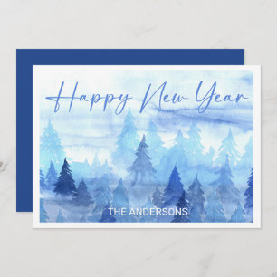 Blaue Wasserfarben Pine Trees Winter Happy New Yea Feiertagskarte