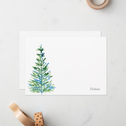 Blaue Wasserfarben-Pinienbäume Mitteilungskarte (Vorderseite/Rückseite Beispiel)