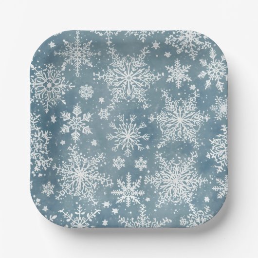 Blaue Wasserfarben-Schneeflocken Winterferien Pappteller (Vorderseite)
