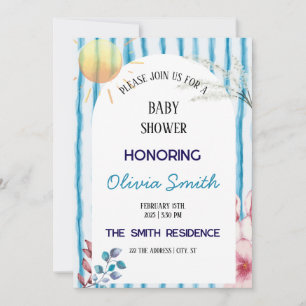 Blaue Wasserfarben-Streifen Coastal Boho Baby Show Einladung