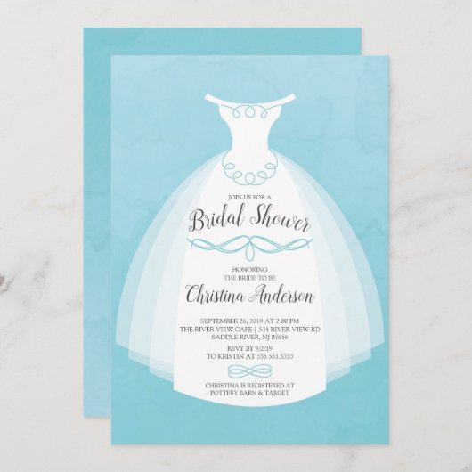 Blaue Wasserfarbenbrille Gown-Brautparty Einladung (Vorne/Hinten)