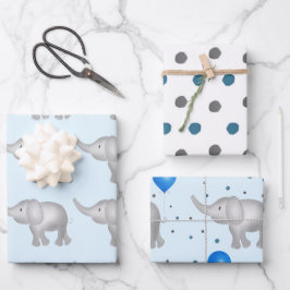 Blaue Wasserfarbenelemente und Punktmuster Set 3 Geschenkpapier Set
