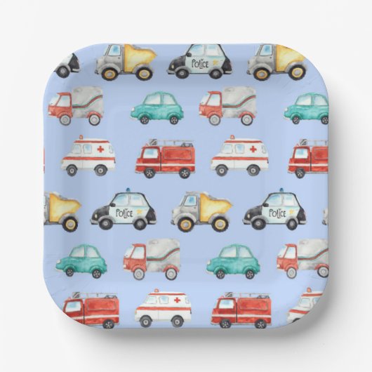 Blaue Wasserfarbenfahrzeuge / Autos Pappteller (Vorderseite)
