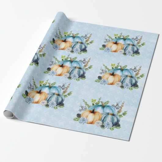 Blaue Wasserfarbenkürbis Herbst Geschenkpapier (Ungerollt)