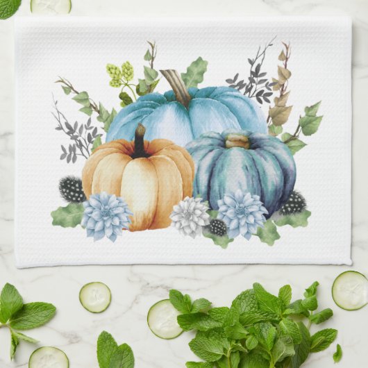 Blaue Wasserfarbenkürbis Herbst Geschirrtuch (Gefaltet)