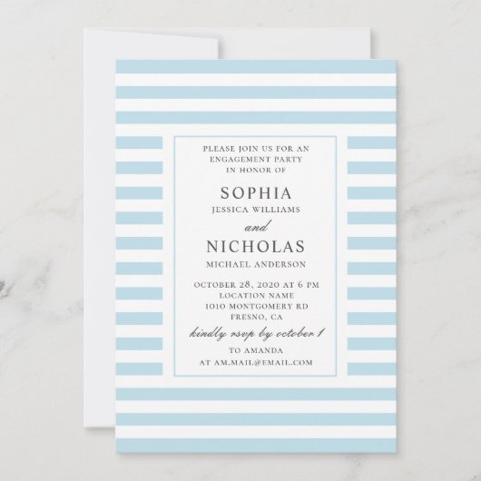 Blaue Wasserstreifen. Strickte Verlobungspartei Einladung (Vorderseite)