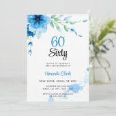 Blaue weiche Bläschen Floral 60. Geburtstag Einladung (Stehend Vorderseite)