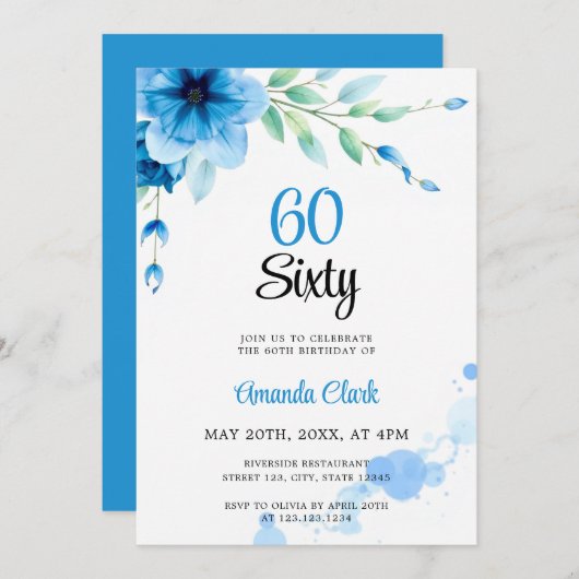 Blaue weiche Bläschen Floral 60. Geburtstag Einladung (Vorne/Hinten)