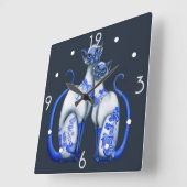 Blaue Weide-siamesische Katzen-Wanduhr Quadratische Wanduhr (Winkel)