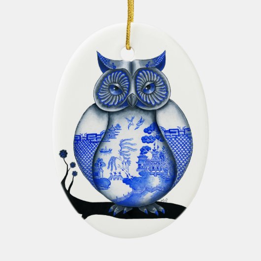 Blaue Weiden-Eule Keramikornament (Vorne)