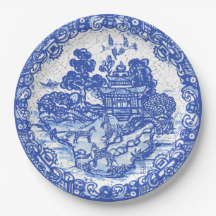 Blaue Weiden-Fuchs-Insel-Asiatischer-Tempel-Garten Pappteller