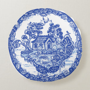 Blaue Weiden-Glückskatze-Koi-Teich-China-Tempel-Ei Rundes Kissen