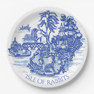 Blaue Weiden-Hasen-Insel Whimsical-Porzellan-Look Pappteller