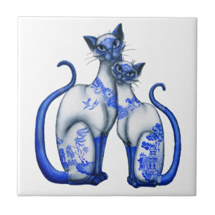 Blaue Weiden Siamesen Katzen Fliese