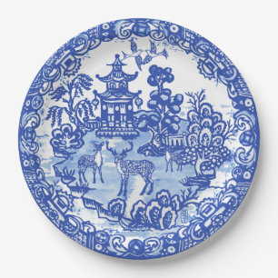 Blaue Weidenhirsch-Asiatische Tempelgarten-Kunst Pappteller