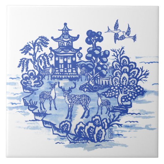 Blaue Weidenhirschherde Antike Pagode Phönix Fliese (Vorderseite)