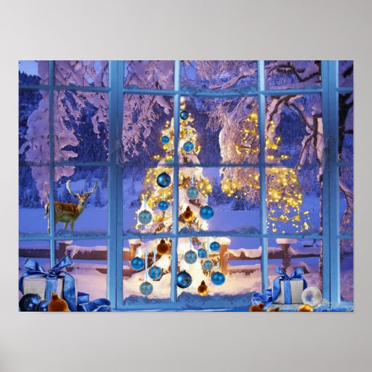 Blaue Weihnachten durch das Fenster Poster (Vorne)