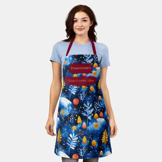 Blaue Weihnachten mit Pilzen, Blätter und Schnee Schürze (Getragen)