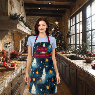 Blaue Weihnachten mit weißen Bäumen und Ornamenten Schürze