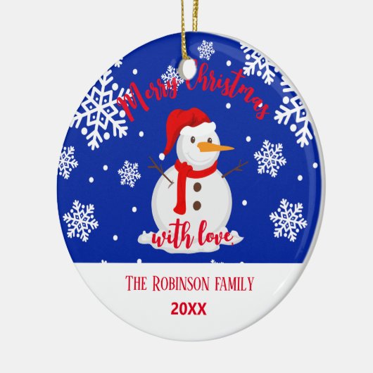 Blaue Weihnachten Snowman Snowflakes Keramik Ornament (Links)