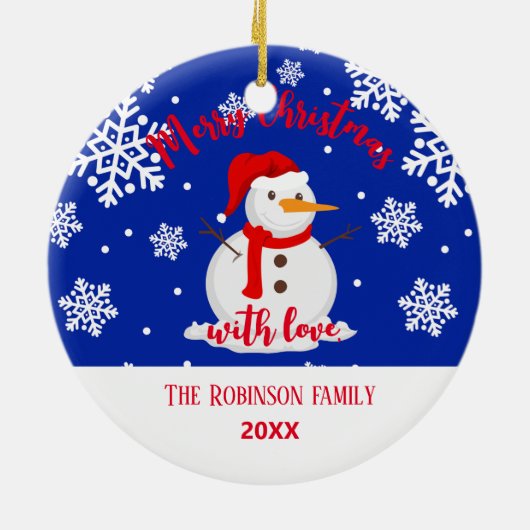 Blaue Weihnachten Snowman Snowflakes Keramik Ornament (Hinten)