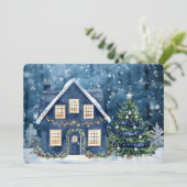 Blaue Weihnachts-Schnee-Winterlandschaft-Haus (Stehend Vorderseite)
