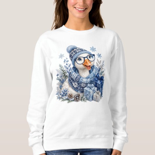 Blaue Weihnachts-Winter-Feiertagsgans Sweatshirt (Vorderseite)