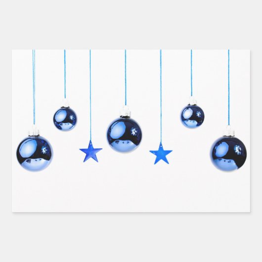 Blaue Weihnachtsbällchen mit Text Geschenkpapier Set (Vorderseite)