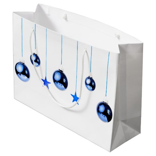 Blaue Weihnachtsbällchen mit Text Große Geschenktüte (Rückseite Schrägansicht)