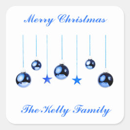 Blaue Weihnachtsbällchen mit Text Quadratischer Aufkleber