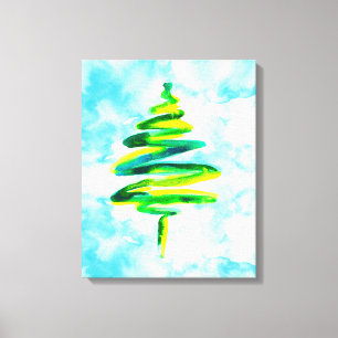Blaue Weihnachtsbaum abstrakte Aquarellfarben Lein Leinwanddruck