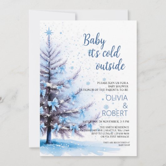 Blaue Weihnachtsbaum-Baby-Party Einladung (Vorderseite)