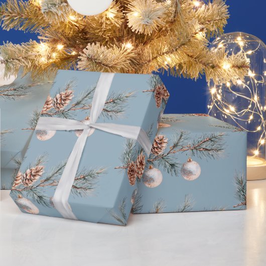 Blaue Weihnachtsbaum Zapfen Ornamente Geschenkpapier (Feiertage)