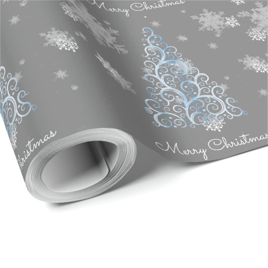 Blaue Weihnachtsbaume und Schneeflocken Geschenkpapier (Rolleneckpunkt)