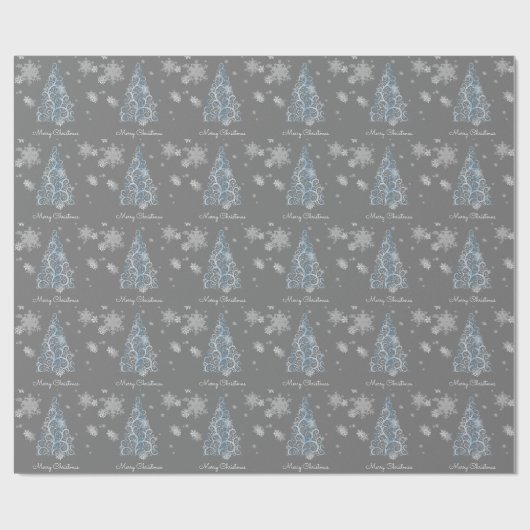 Blaue Weihnachtsbaume und Schneeflocken Geschenkpapier (Flach)
