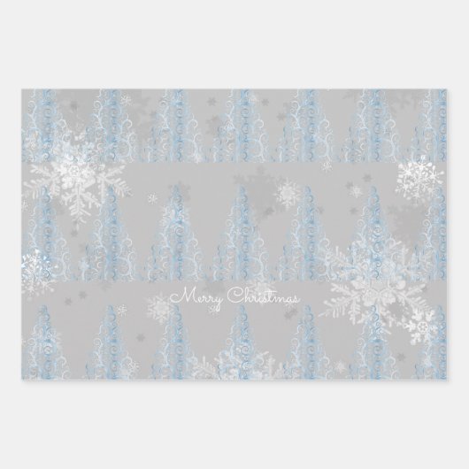Blaue Weihnachtsbaume und Schneeflocken Geschenkpapier Set (Vorderseite 3)