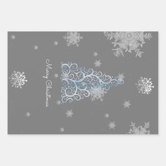 Blaue Weihnachtsbaume und Schneeflocken Geschenkpapier Set (Vorderseite 2)
