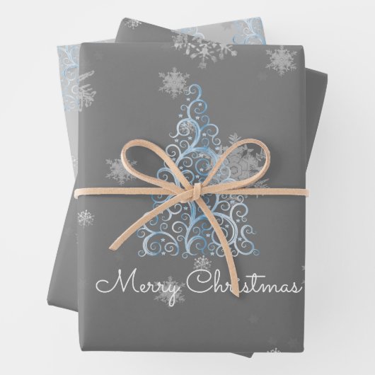 Blaue Weihnachtsbaume und Schneeflocken Geschenkpapier Set (Beispiel)