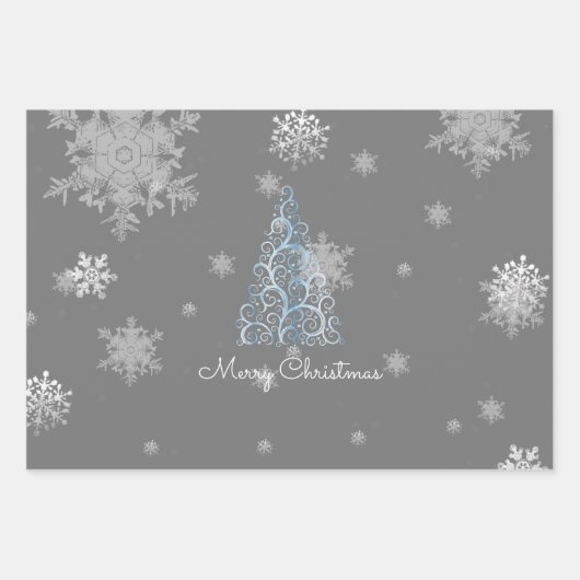 Blaue Weihnachtsbaume und Schneeflocken Geschenkpapier Set (Vorderseite)
