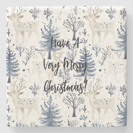 Blaue Weihnachtsbäume Weiße Hirsche Steinuntersetzer (Vorderseite)