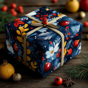 Blaue Weihnachtsdekorationen mit weißen Blumenmust Geschenkpapier