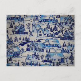 Blaue Weihnachtsdorf im Vintage-Stil Feiertagspostkarte