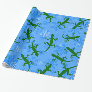 Blaue Weihnachtsgeckos Reptilien Schneeflocken Geschenkpapier